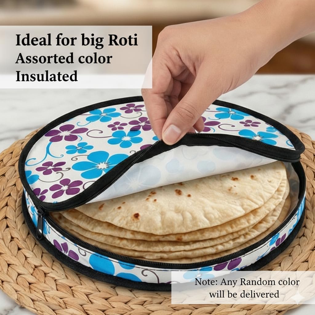 Insulated Large Cotton Roti Cover with Zipper & Handle, Thermal Chapati Storage Bag for Roti, Paratha & Naan