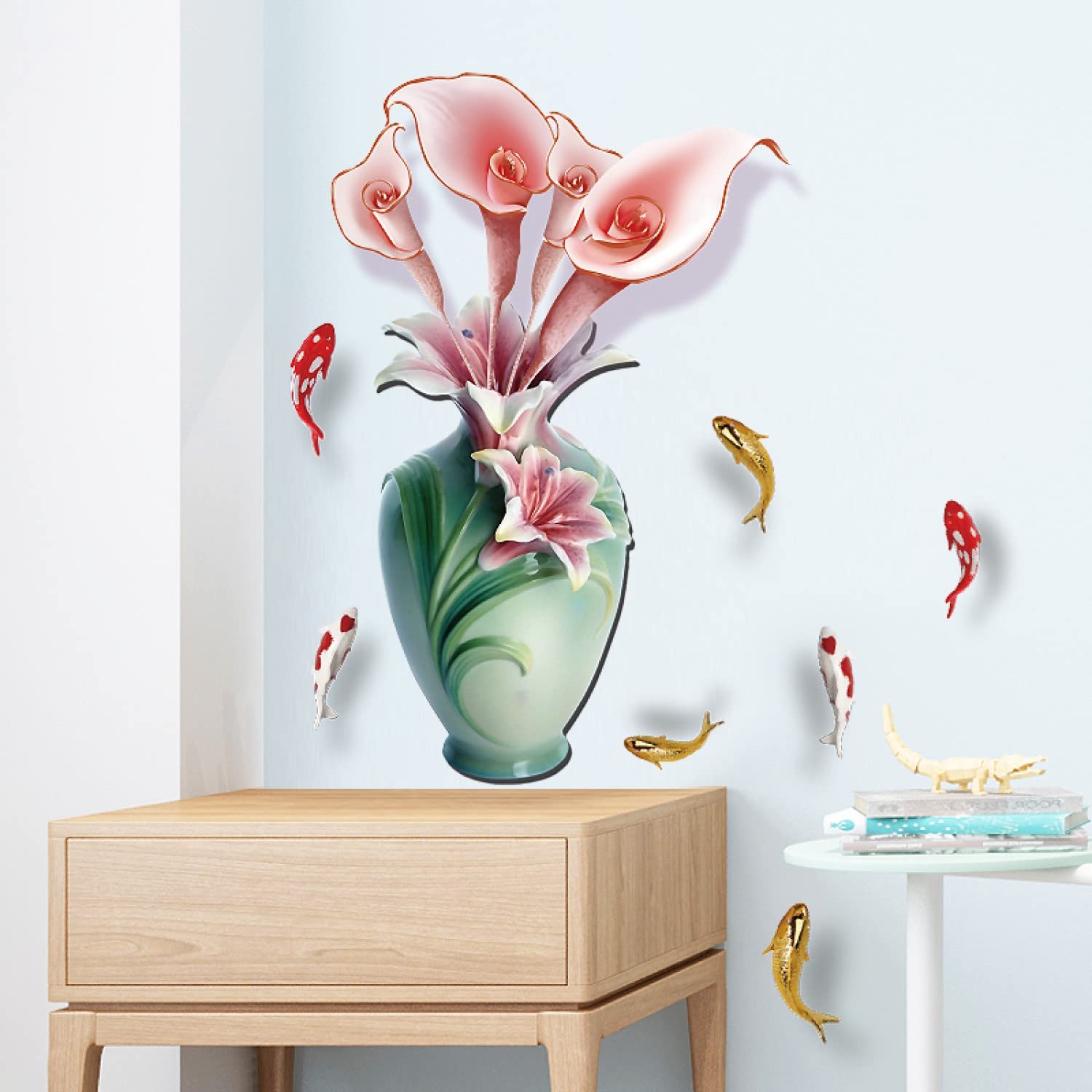 JAAMSO ROYALS Green Vase Witn Pink Flower Wall Stickers for Living Room Flowers, Floral Wall Stickers, Flower Sticker, Nature Wall Stickers, Garden Stickers for Walls of Home size 50x70 sk6135