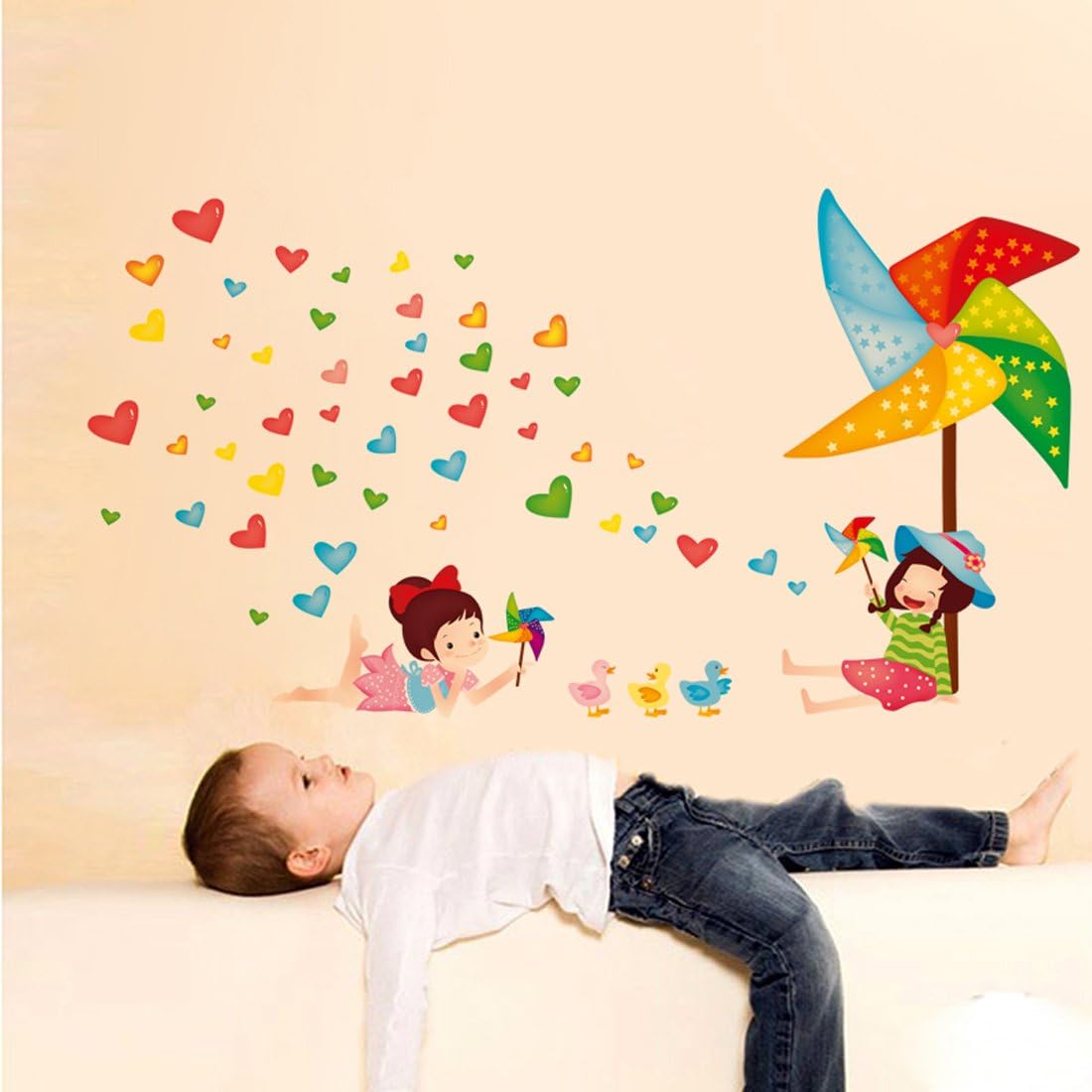 fashionbeautybuy Windmills Heart Shape Wall Sticker House Decal Removable Living Room Wallpaper Bedroom Kitchen Art Picture PVC Murals Sticks Window Door Decoration + 3D Frog Car Sticker 45x60 nc5183c