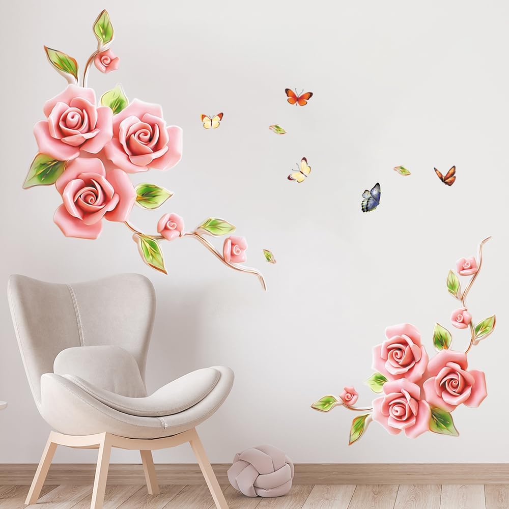XXL Roses Pink Rose Flowers Wall Sticker  Mural Pictures Floral Butterfly Wall Art Decor for Living Room Bedroom Sofa  Decoration GS9602 Size: 60x90cm