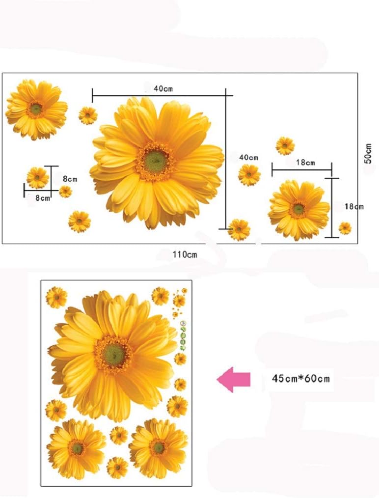 Daisy Flowers Wall Stickers Sunflower Wall Decals Yellow Red Pink Daisy Sunflower Wall Stickers Peel and Stick Removable Stickers for Nursery Kids Room Living Room (Yellow(2pcs)) size 45x60 ay6015c