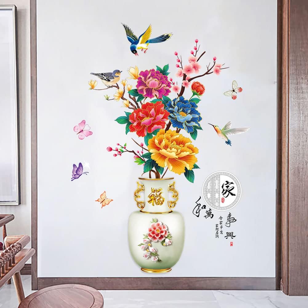 Dechom Peony Flower Pot Vase Wall Sticker Home Wall Art Hallway Corridor Background Aesthetic Decoration Wall Mural Vinyl Decals