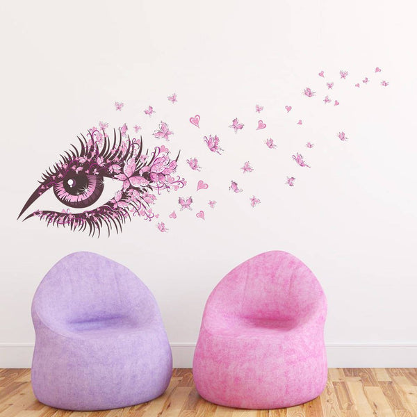 Zy066 BIBITIME Beautiful Butterflies Wall Art Long Eyelashes Eye Vinyl Sticker for Bedroom Heart Decor Couple Lovers Living Room