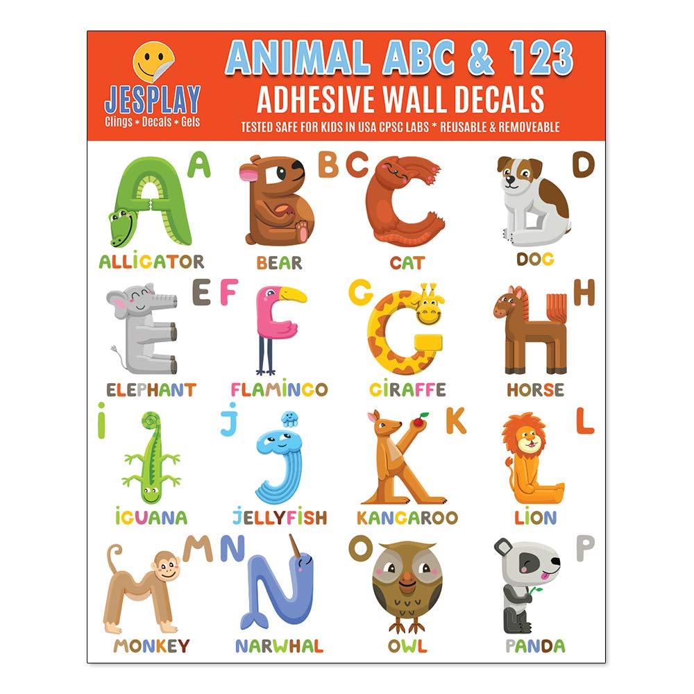 Animal ABC & 123 Adhesive Wall Decals - JesPlay Wall Decor Stickers for Kids & Toddlers Include Alphabet, Letters & Numbers - Removable Wall Decals for Bedroom, Living Room, Nursery, Classroom  30x60cm