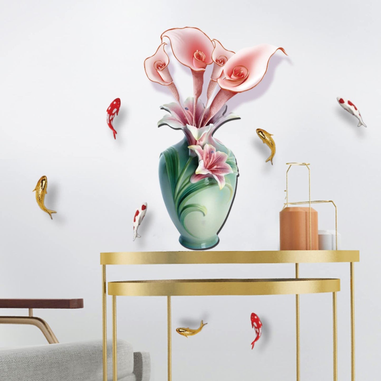 JAAMSO ROYALS Green Vase Witn Pink Flower Wall Stickers for Living Room Flowers, Floral Wall Stickers, Flower Sticker, Nature Wall Stickers, Garden Stickers for Walls of Home size 50x70 sk6135