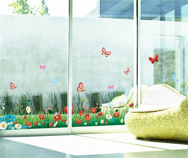 AY7186 Tattoo Green Grass Meadow Wall Sticker DIY Colourful Flowers & Butterflies Mural for Children's Room Living Room Bedroom Baseboard Hallway Wardrobe