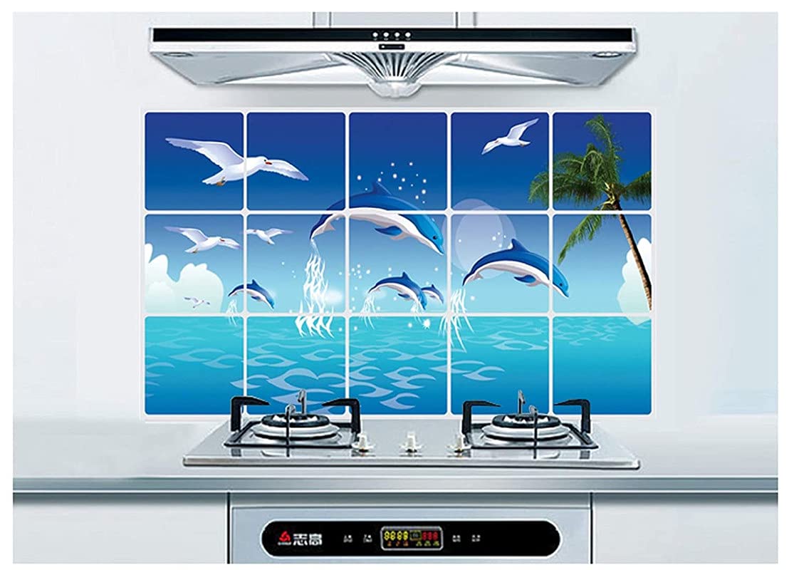 JAAMSO ROYALS Nature Blue Dolphine Wall Tiles Stickers Waterproof, Kitchen Stickers for Wall, Wall Sticker for Kitchen, Kitchen Sticker, Kitchen Tiles Wall Stickers size (75CM x 45CM) 3024