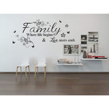Family Where Life Begins Love Never Ends with Flowers and Butterfly Vinyl Removable Wall Quote Sticker Decal (Black)