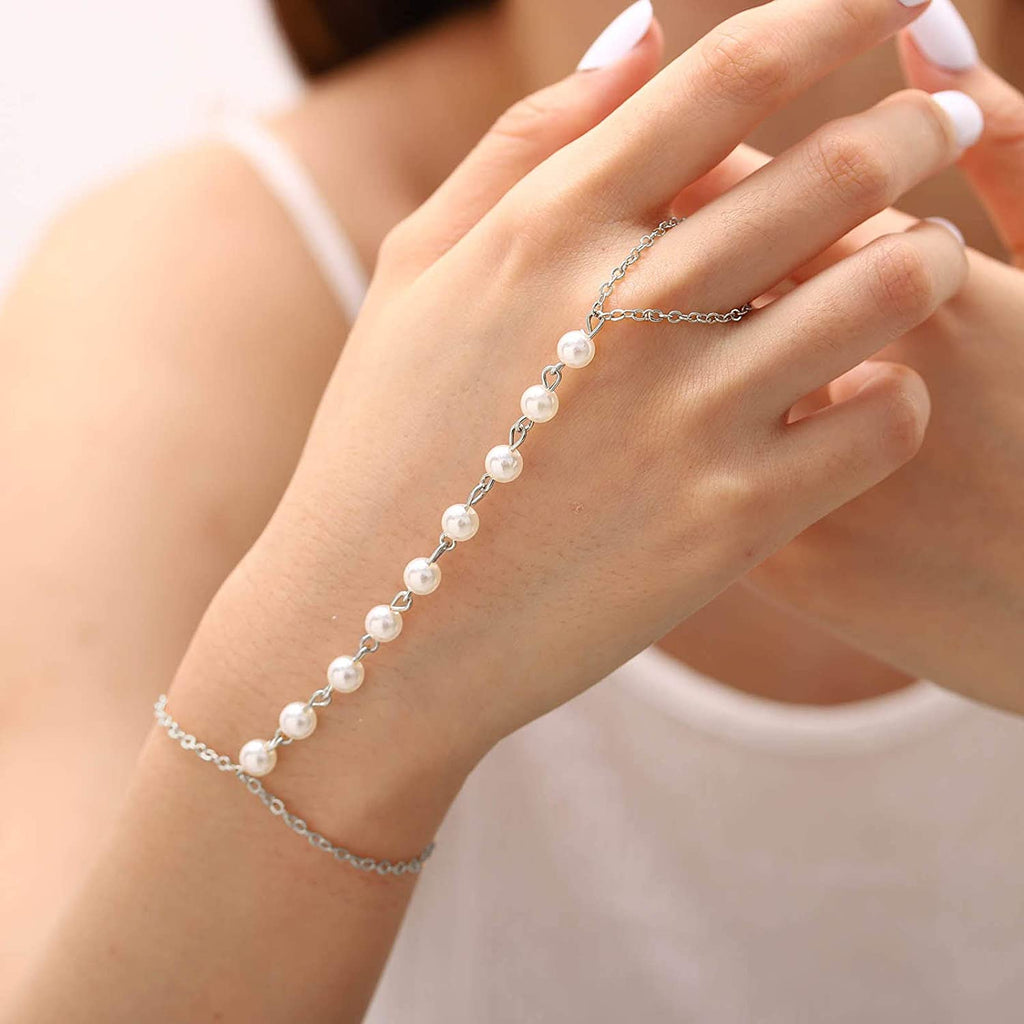 Women\'s Fashion New Design  Pearl Bracelet Link Finger Ring Hand Chain Harness Jewelry
