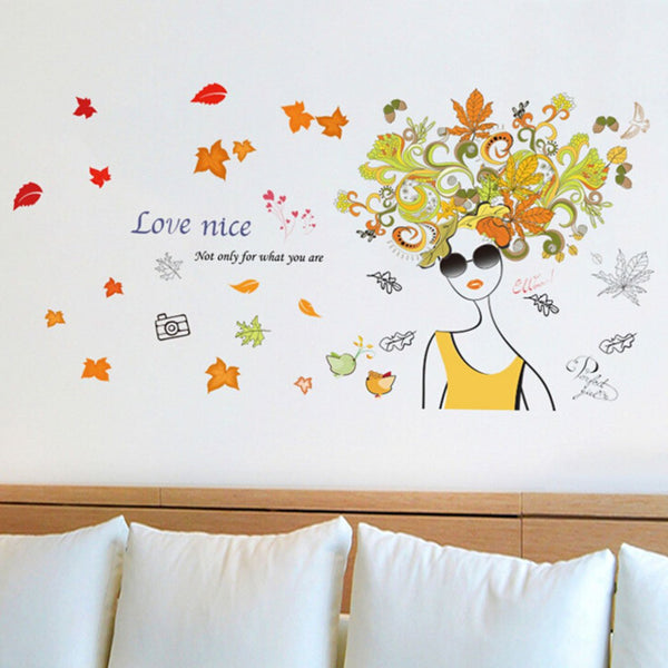 XL7209 Outgeek Wall Decoration Sticker Wall Art Decal Woman and Maple Leaves DIY Wall Decor Decal for Home One Size Multicolor