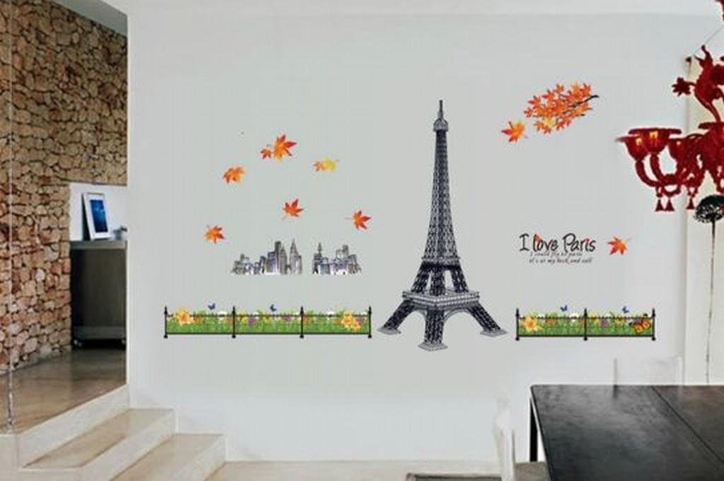 Wall Sticker Paris Eiffel Tower Autumn Red Maple Leaf Park Flower Banner European City Landscape for Living Room Bedroom Decoration, size 60x90 (MJ9503)