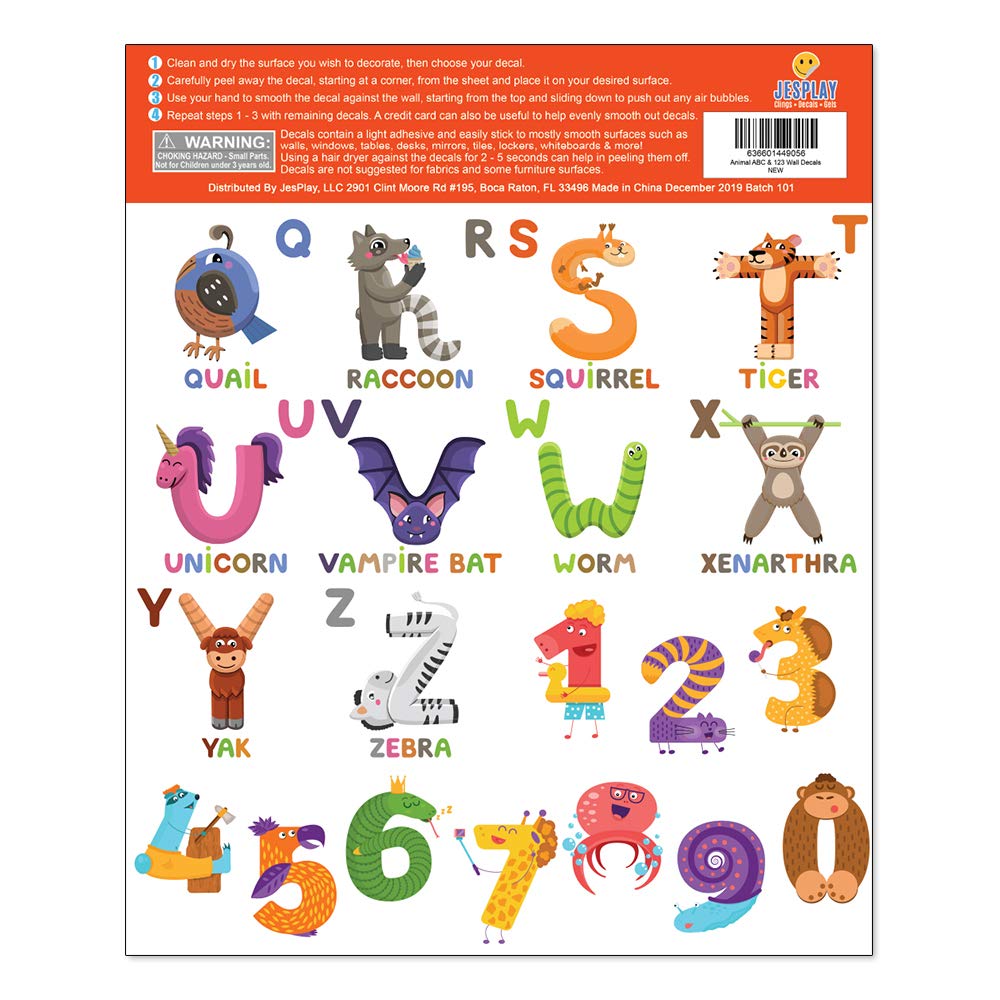 Animal ABC & 123 Adhesive Wall Decals - JesPlay Wall Decor Stickers for Kids & Toddlers Include Alphabet, Letters & Numbers - Removable Wall Decals for Bedroom, Living Room, Nursery, Classroom  30x60cm
