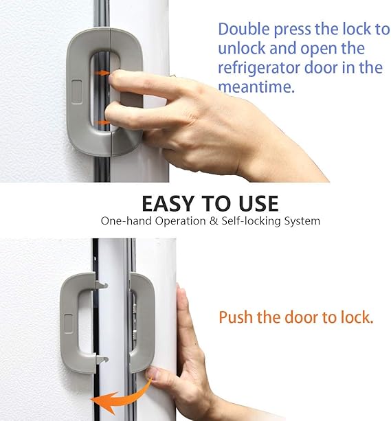 Child Safety Refrigerator Lock – Self-Adhesive Fridge &amp; Freezer Door Lock with Double Safety Button – Easy One-Hand Use