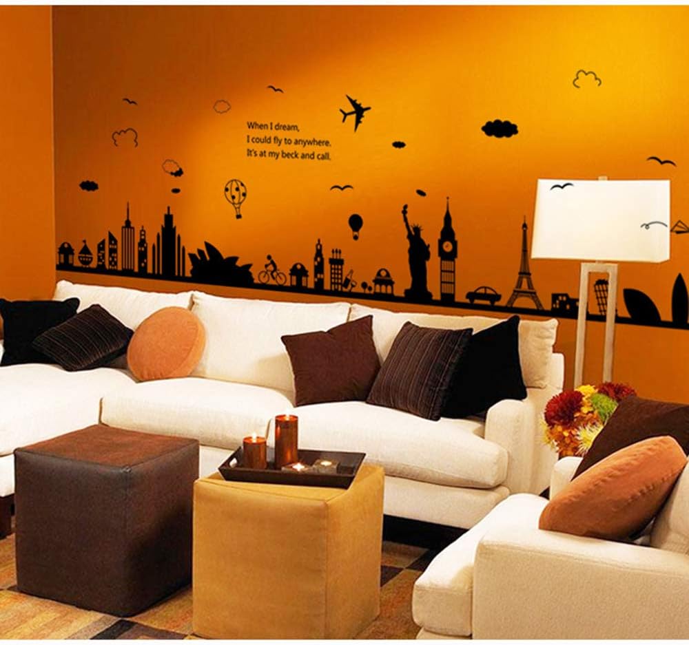 City Scene Eiffel Tower Statue of Liberty Wall Stickers, Living Room, Bedroom, Removable Wall Stickers, Wall Pictures 9214  60x90