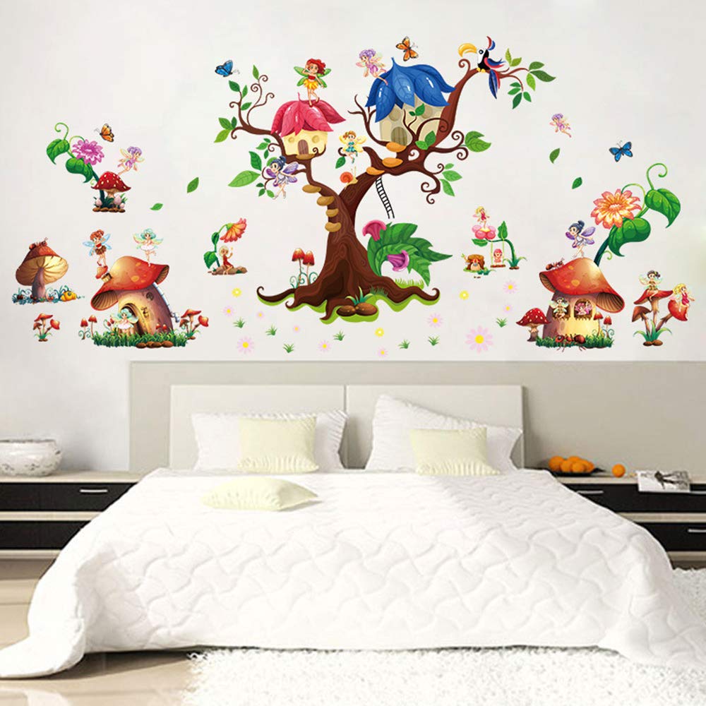 Xh9272Fairy Garden Wall Stickers Tree Mushroom House Wall Decals Mural for Girls Bedroom Nursery Living Room
