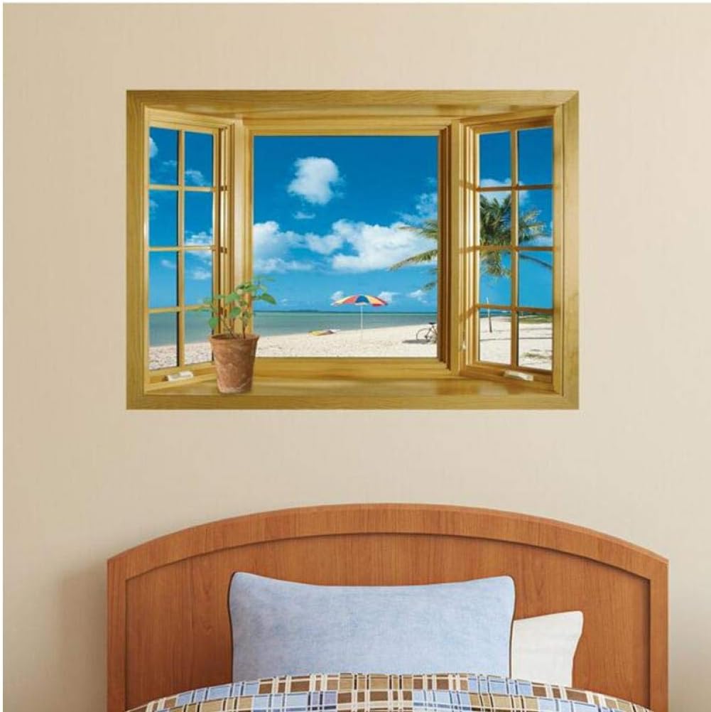 Oulensy 3D Window Scenery Beautiful Sea Beach View wall sticker fake window poster decorative poster Home Decor Vinyl Art Decal Mural  size 60x30  ncs0026  Wall Decor Sticker