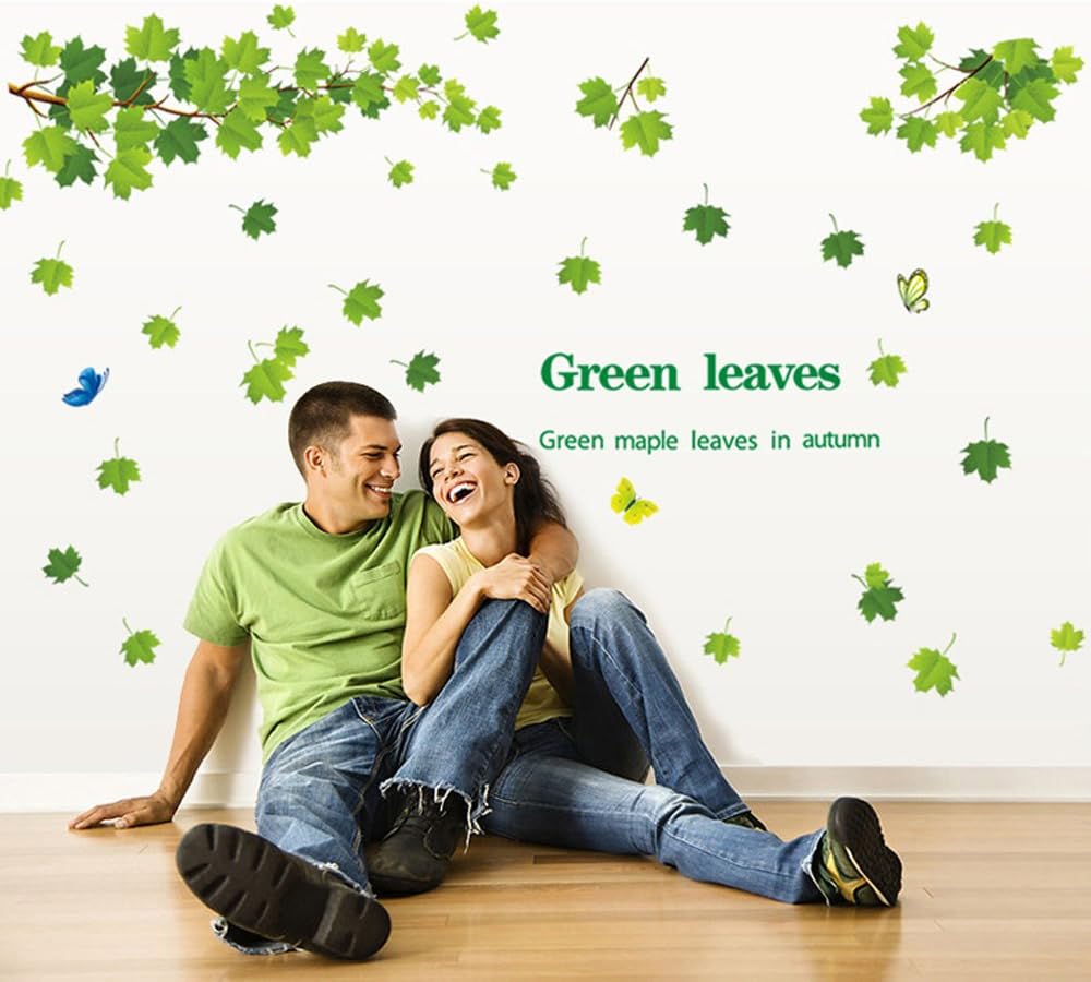 Green Maple Leaves and Butterflies Wall Decals, Living Room Bedroom Removable Wall Stickers Mural size 60x90  ay9145