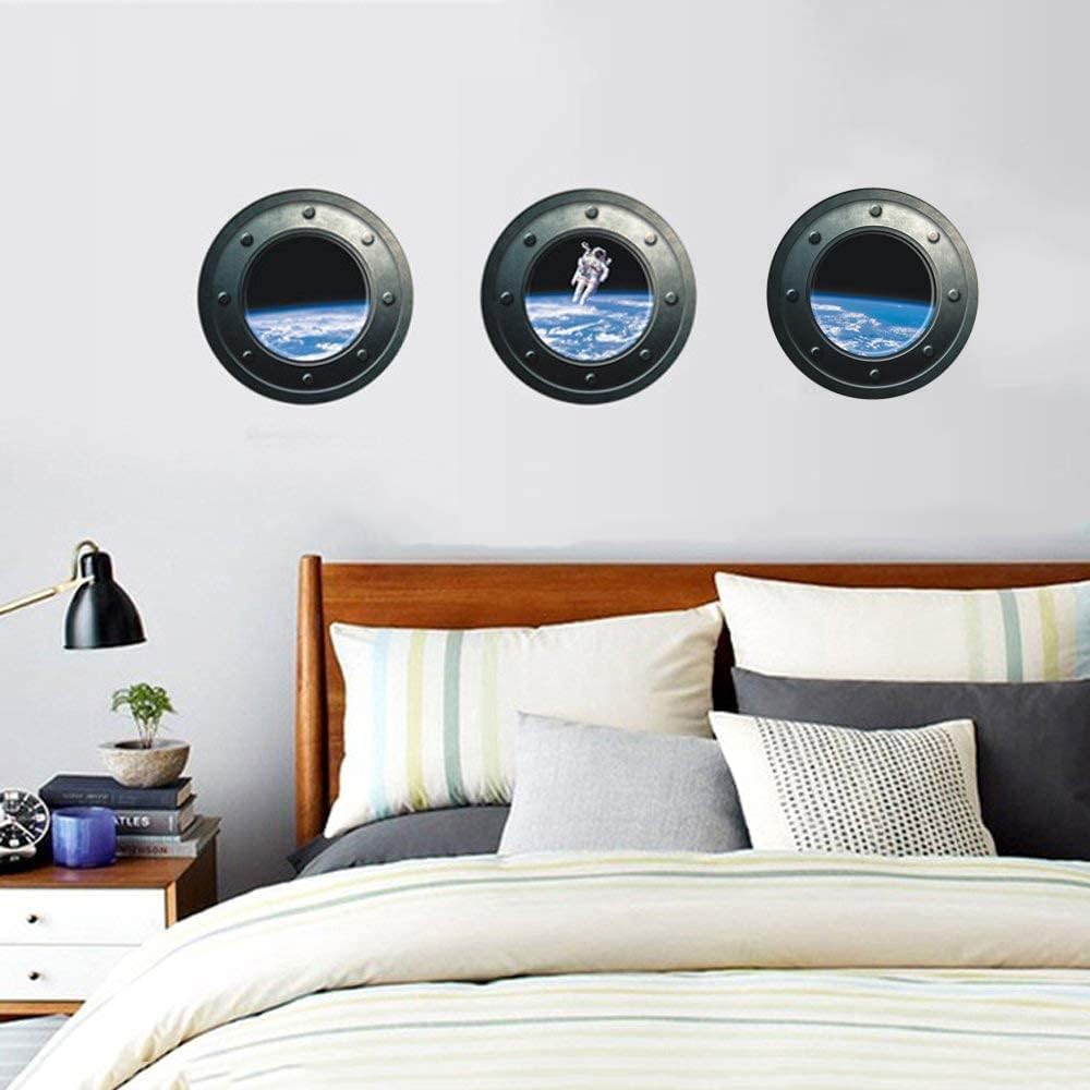 DNVEN 13 inches x 13 inches x 3pcs Set of 3 3D Astronaut Spaceman Galaxy Space Window View Faux Submarine Window Partial Frosted Frosting Murals Wall Decals Removable Wall Stickers for Bedrooms 30x90cm z-1-002