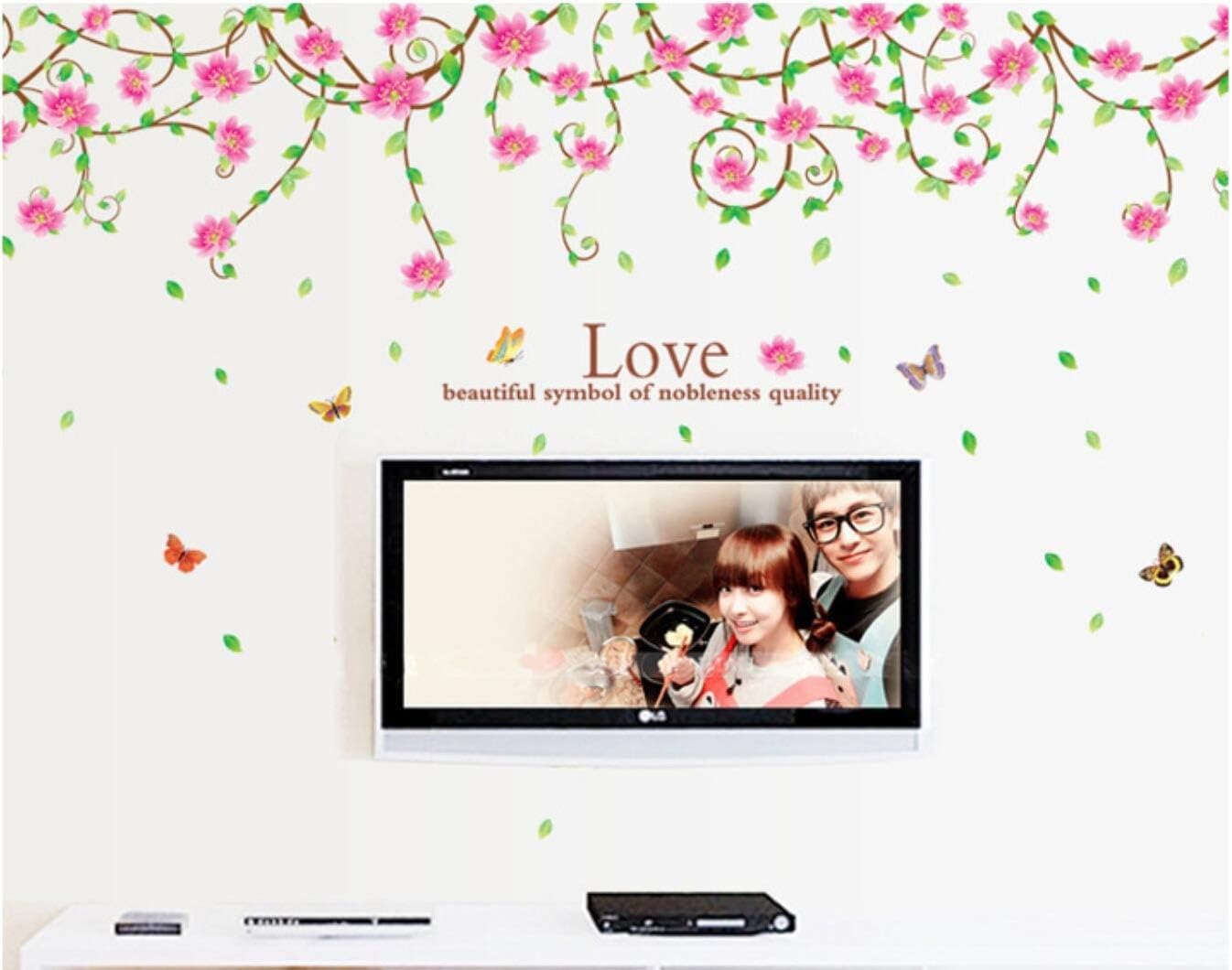 Home Decor Line PVC Art Decoration Removable Pink Roses Romantic Flower Rattan Style for Wedding Room Home Decals Mural Restaurant Bedroom Sitting Room Sofa TV Background by size 60x90 ay9150a