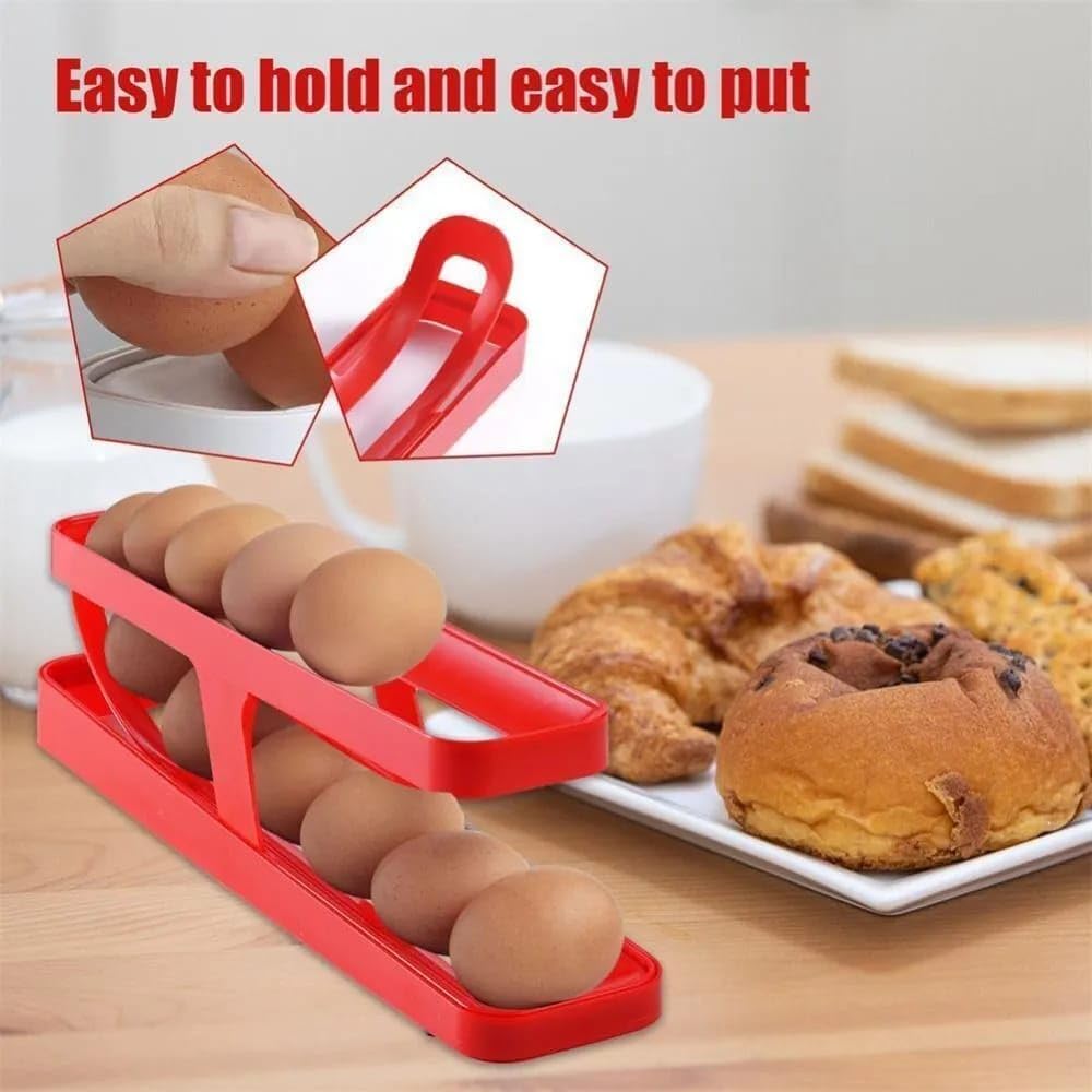2 Tier Automatic Rolling Egg Holder for Refrigerator, Fridge Egg Dispenser Tray & Kitchen Egg Storage Rack
