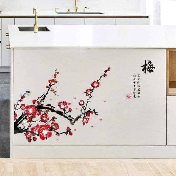Plum Blossom and Red Flower Tree DIY Removable Wall Sticker for Bedroom Living Room Office