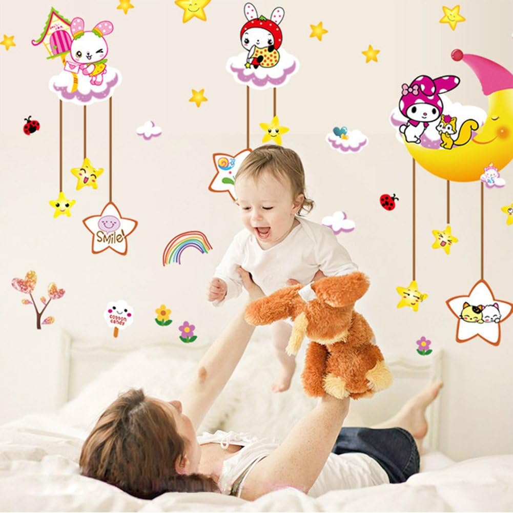 Wallpark Cute Smiling Star Moon Cartoon Rabbit Removable Wall Sticker Decal, Children Kids Baby Home Room Nursery DIY Decorative Adhesive Art Wall Mural size(60x90) xl8073