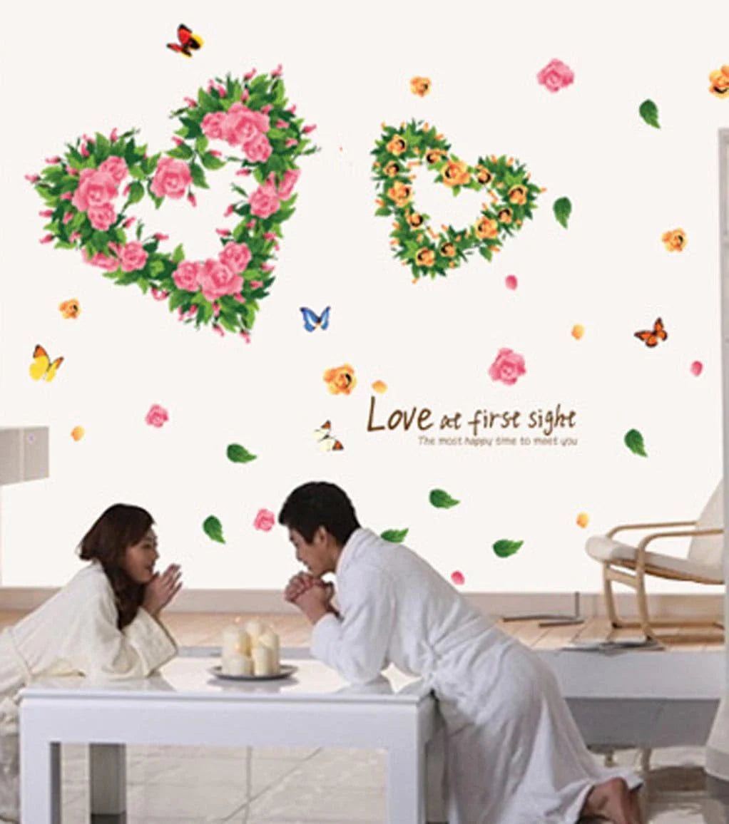 BIBITIME 2 Romantic Flower Hearts Meet "Love at First Sight" Valentines Day Vinyl Quotes Butterfly Lovers Wall Decals Sticker size 45x60 ay6014