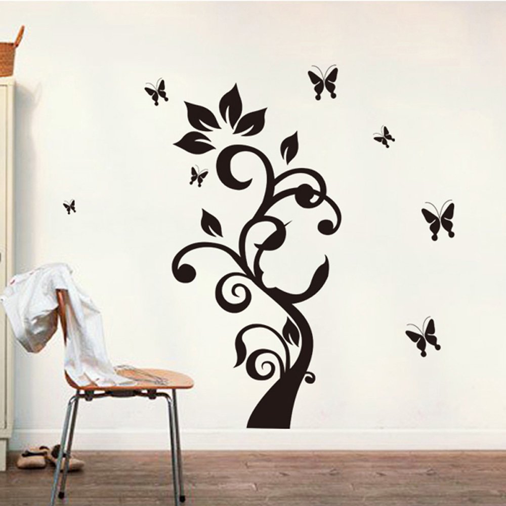 Black Leaves Flower Vine Butterflies Wall Decal Home Sticker ouse DecoratHion WallPaper Removable Living Dinning Room Bedroom Kitchen Art Picture Murals DIY Stick Girls Boys kids Nursery Baby Playroom Decoration