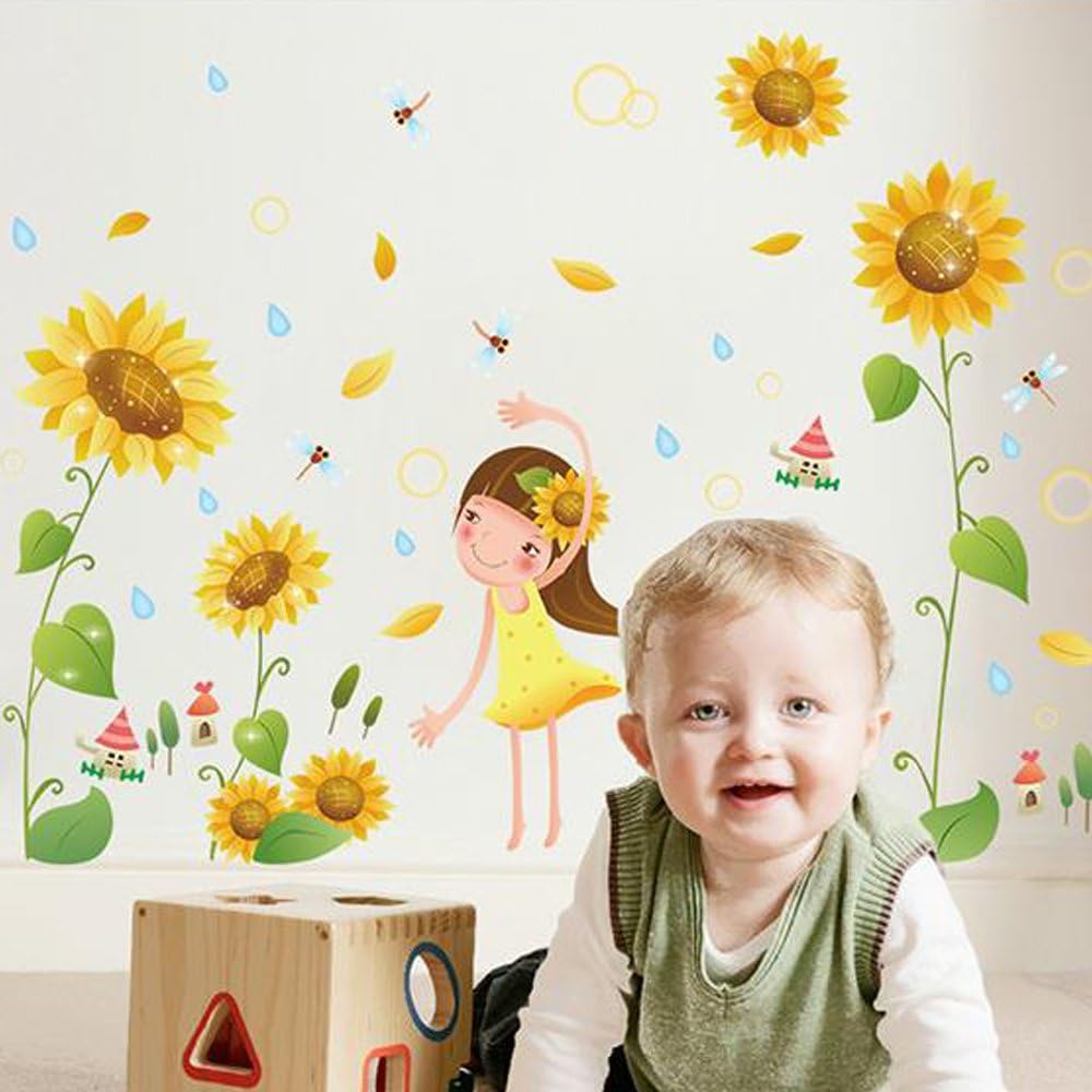 fashionbeautybuy Girl Sunflower Flowers Dragonfly Wall Sticker Decal Home Decor PVC Murals Wallpaper House Art Picture Living Room Adult Senior Teen Kids Baby Bedroom Decoration size 50x70 xls7192