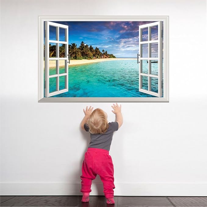 Winhappyhome Blue Sea Sky Beach Scene 3D Fake Window Wall Stickers for Bedroom Living Room Coffee Shop Background Removable Decor size 60x90  xh0998c