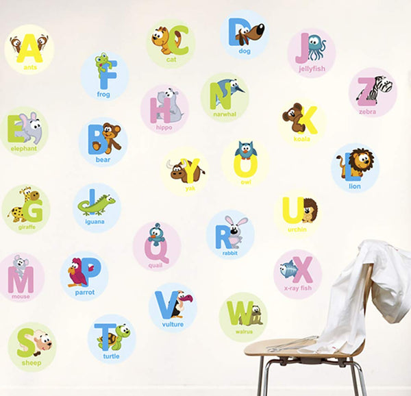 AM6026 ChezMax DIY Animal Alphabet ABC Wall Decals Wall Stickers Removable Educational Letters Mural Decor for Kids Nursery Bedroom Living Room