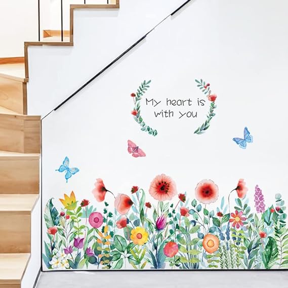 Ht94014 JAAMSO ROYALS Colourful Blooming Flower with Coloured Butterfly Wall Stickers for Living Room Flowers, Floral Wall Stickers, Flower Sticker, Nature Wall Stickers (90 CM X 60 CM)