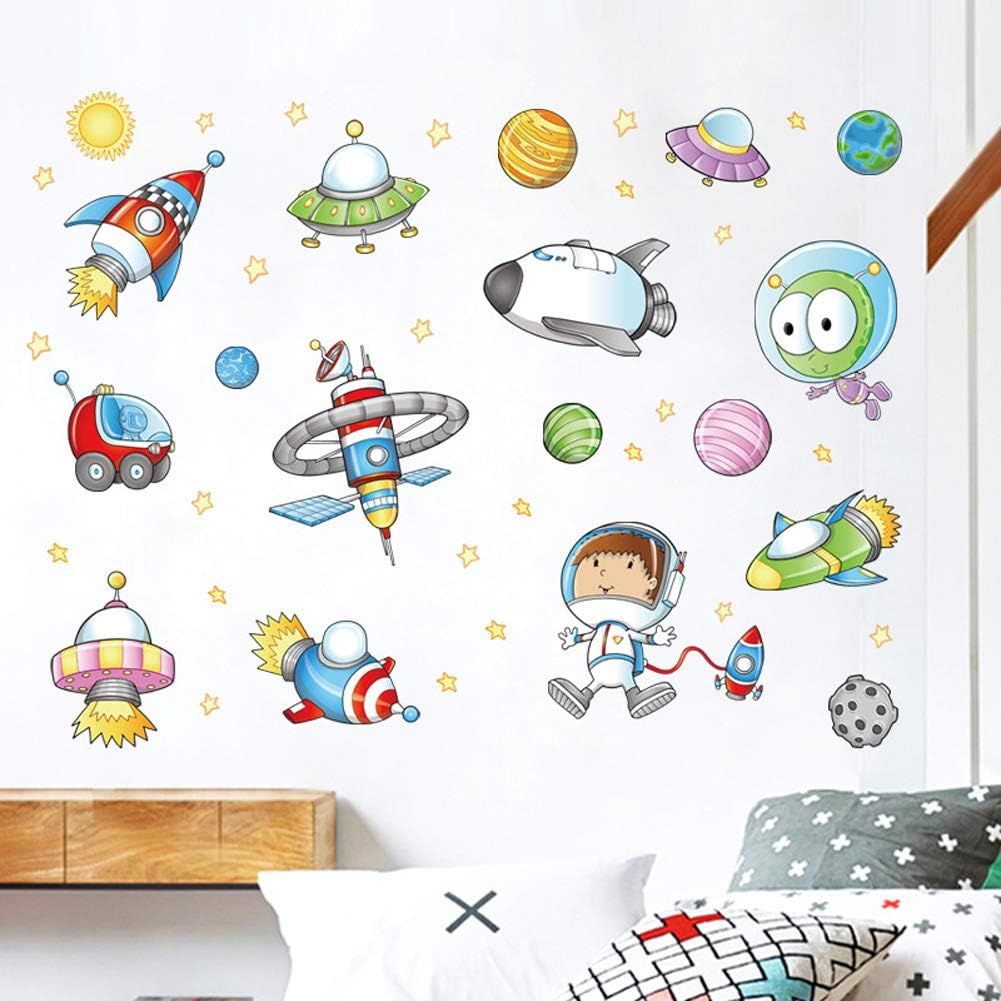 Space Astronaut Cartoon Wall Sticker Kids Room Outer Space Planet Galaxy Rocket Ship Decorative Wall Murals For Child's Favor size 50x70 xls7239