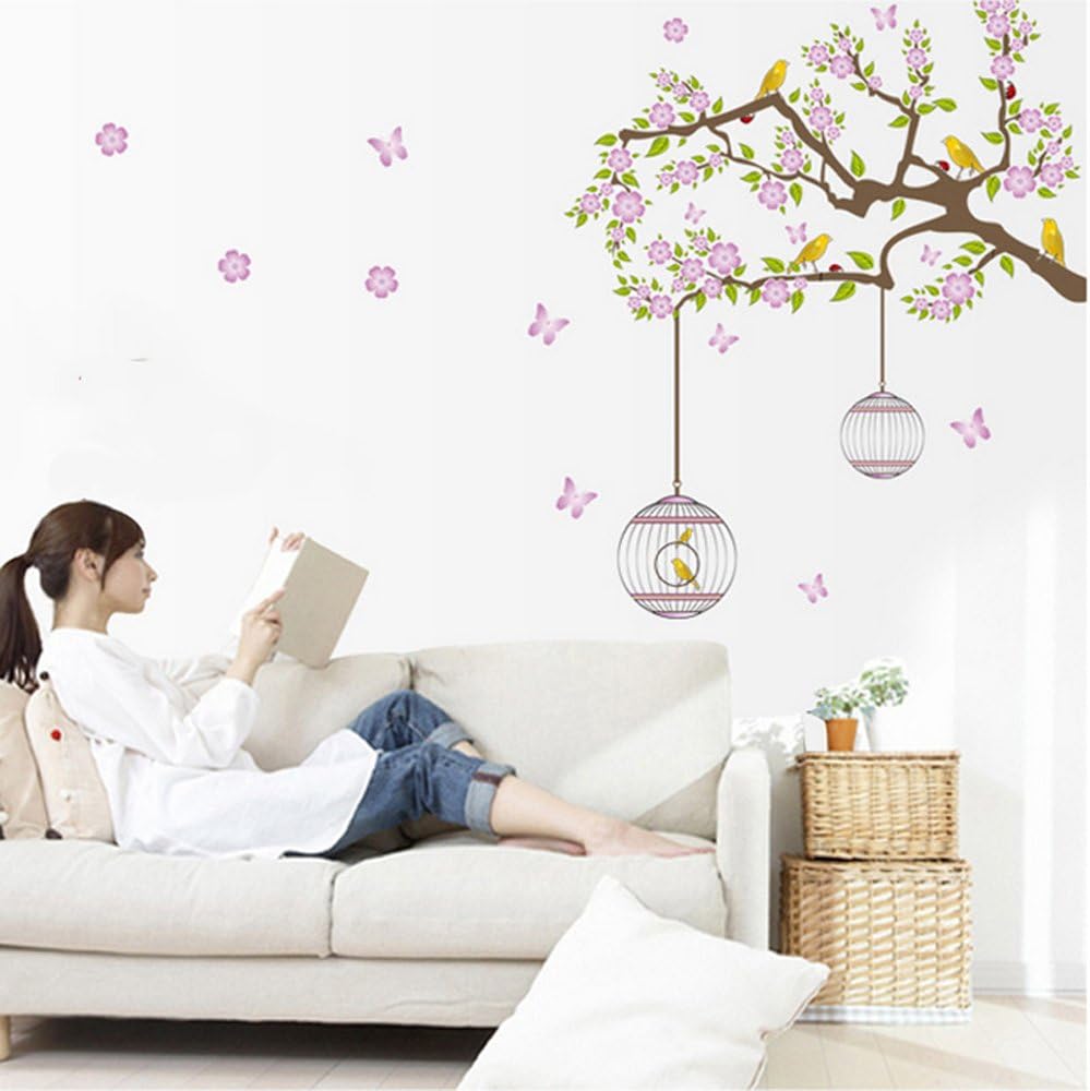 Pond's Seamless Wall Sticker Purple Flower Golden Bird DF5066 Extra Large Size 60x90 Wall Decor Sticker