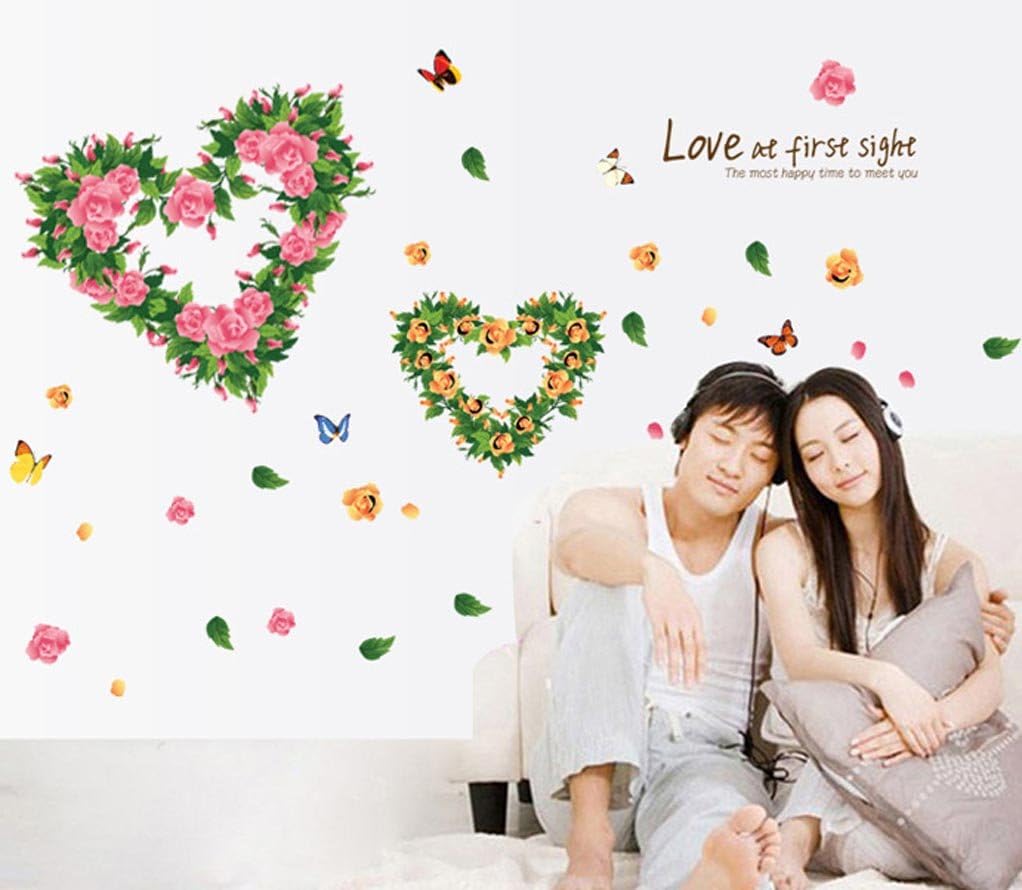 BIBITIME 2 Romantic Flower Hearts Meet "Love at First Sight" Valentines Day Vinyl Quotes Butterfly Lovers Wall Decals Sticker size 45x60 ay6014