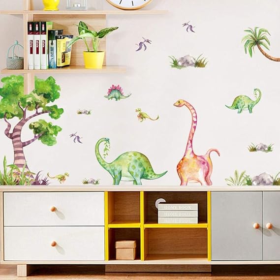WandSticker4U® - Watercolour wall stickers for children DINOSAURES (126 x 61 cm) I decorative stickers animals tree colourful I wall sticker for children's room baby boy boy nursery decoration  size 60x90  hm92028