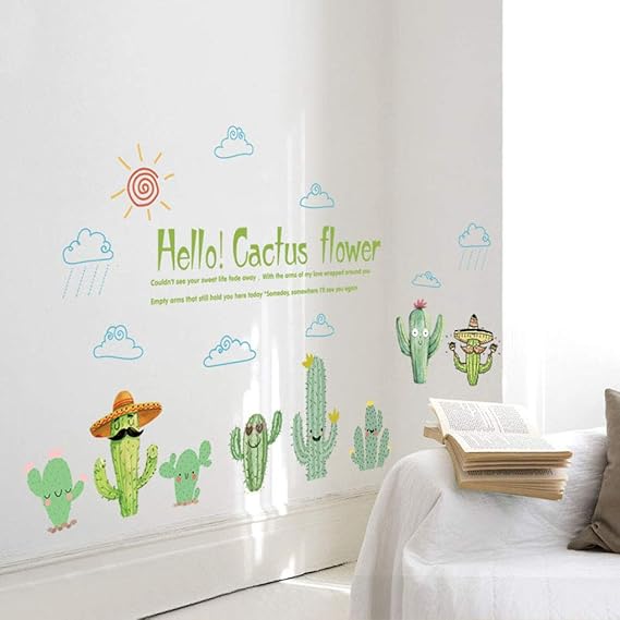 Tree Leaves Flowers Birds Wall Stickers Removable Wallpaper Home Decor PVC Art Mural Baby Boys Girls Kids Bedroom Room Window Decal (Hello Cactus Flower)