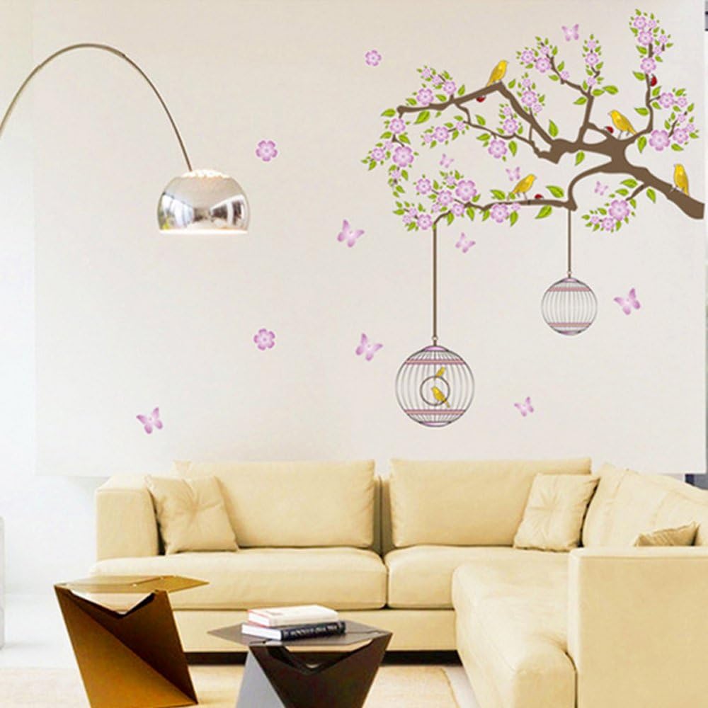 Pond's Seamless Wall Sticker Purple Flower Golden Bird DF5066 Extra Large Size 60x90 Wall Decor Sticker