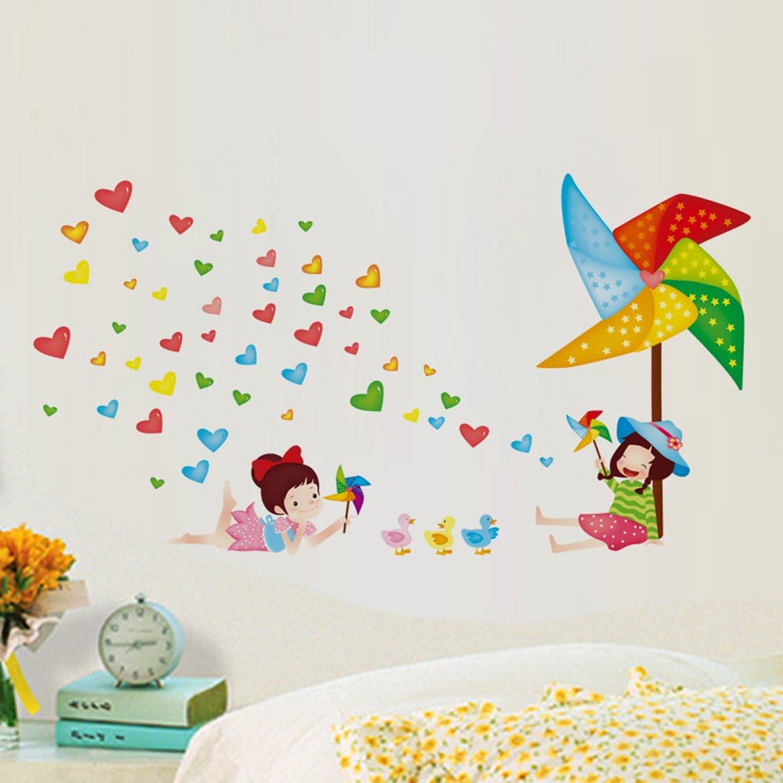 fashionbeautybuy Windmills Heart Shape Wall Sticker House Decal Removable Living Room Wallpaper Bedroom Kitchen Art Picture PVC Murals Sticks Window Door Decoration + 3D Frog Car Sticker 45x60 nc5183c