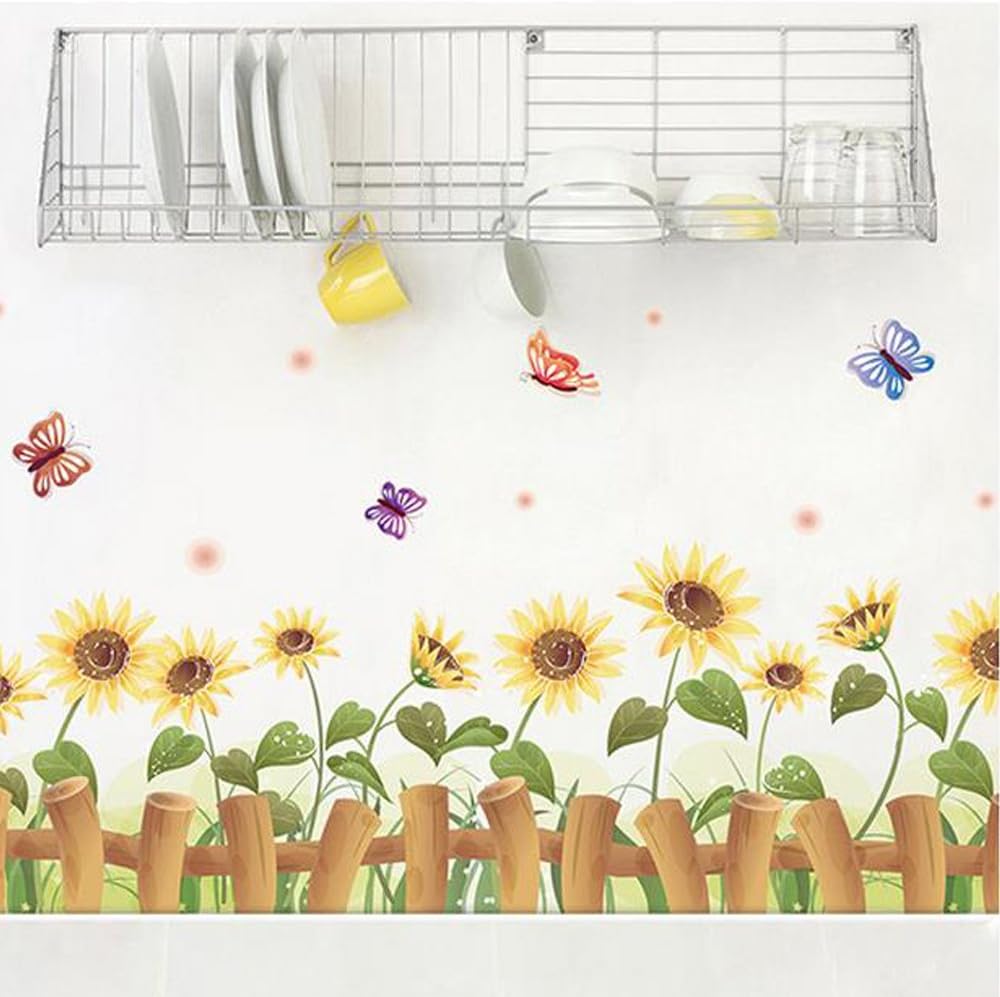 Removable Cartoon Animal Wall Stickers with Butterflies and Flowers, PVC Home Decor Wall Decals for Babies, Kids, Girls, Kitchen Decor, Posters (Sunflower Butterfly Fence) size 50x70 xls7178