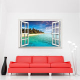Winhappyhome Blue Sea Sky Beach Scene 3D Fake Window Wall Stickers for Bedroom Living Room Coffee Shop Background Removable Decor size 60x90  xh0998c
