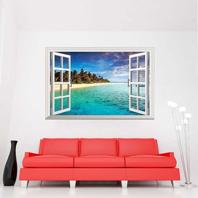 Winhappyhome Blue Sea Sky Beach Scene 3D Fake Window Wall Stickers for Bedroom Living Room Coffee Shop Background Removable Decor size 60x90  xh0998c