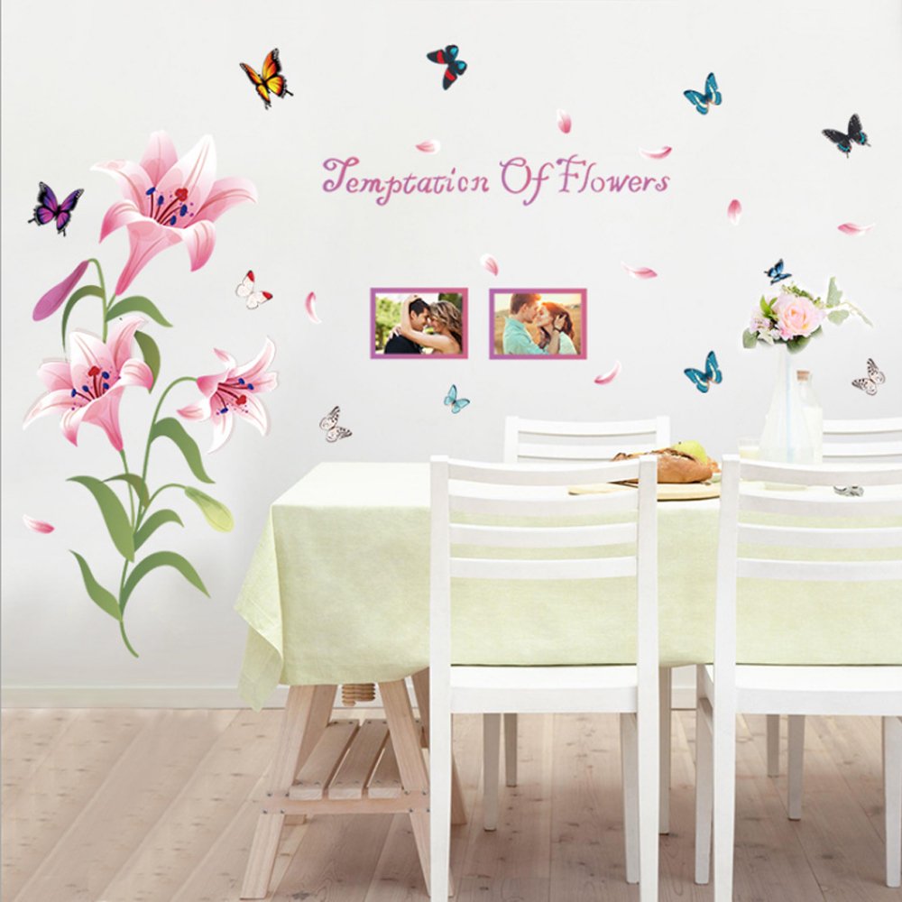 Baby Boy's Lily Flowers Photo Frame Butterflies Petals Wall Decal One Size Pink