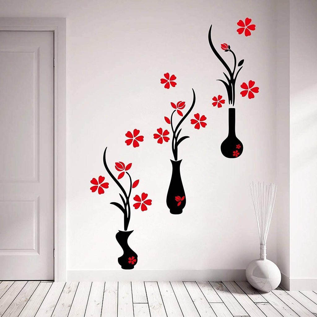 Enterprise 2 X 0.6 Feet Beautiful Three Black Vase With Red Floral Flower Vinyl Wall Decor For House , Schools , Babies Nurseries ,Kids Rooms ,Living Rooms