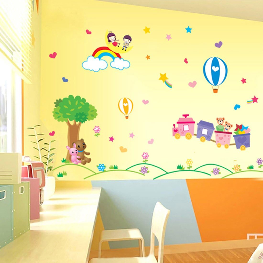 Moon and Stars Animals Balloon Wall Sticker House Decal Removable Living Room Wallpaper  size 60x90 ay9174