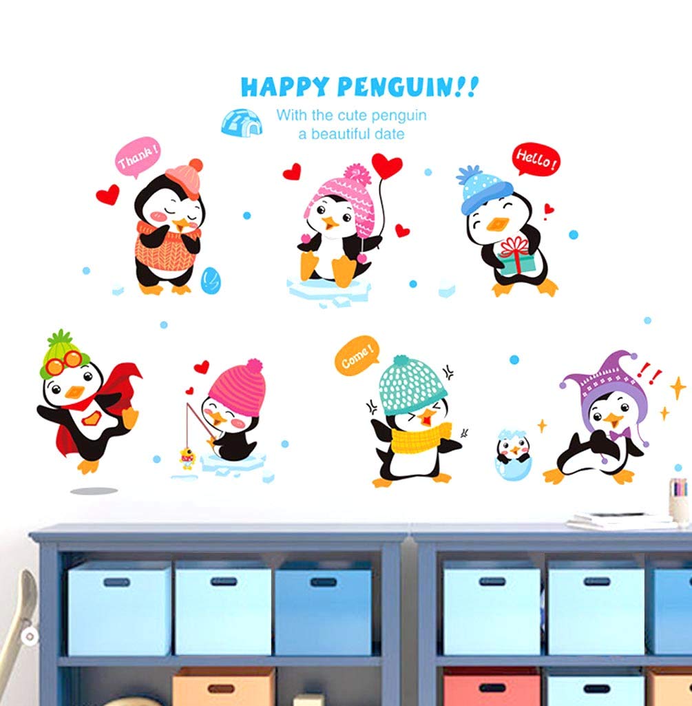 BIBITIME Kindergarten Classroom Nursery Cartoon Saying Quotes Happy Penguin Wall Decals Stickers Bedroom Kids Room Decor,DIY size 40x60 xh1059