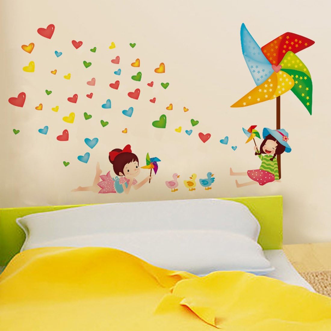 fashionbeautybuy Windmills Heart Shape Wall Sticker House Decal Removable Living Room Wallpaper Bedroom Kitchen Art Picture PVC Murals Sticks Window Door Decoration + 3D Frog Car Sticker 45x60 nc5183c
