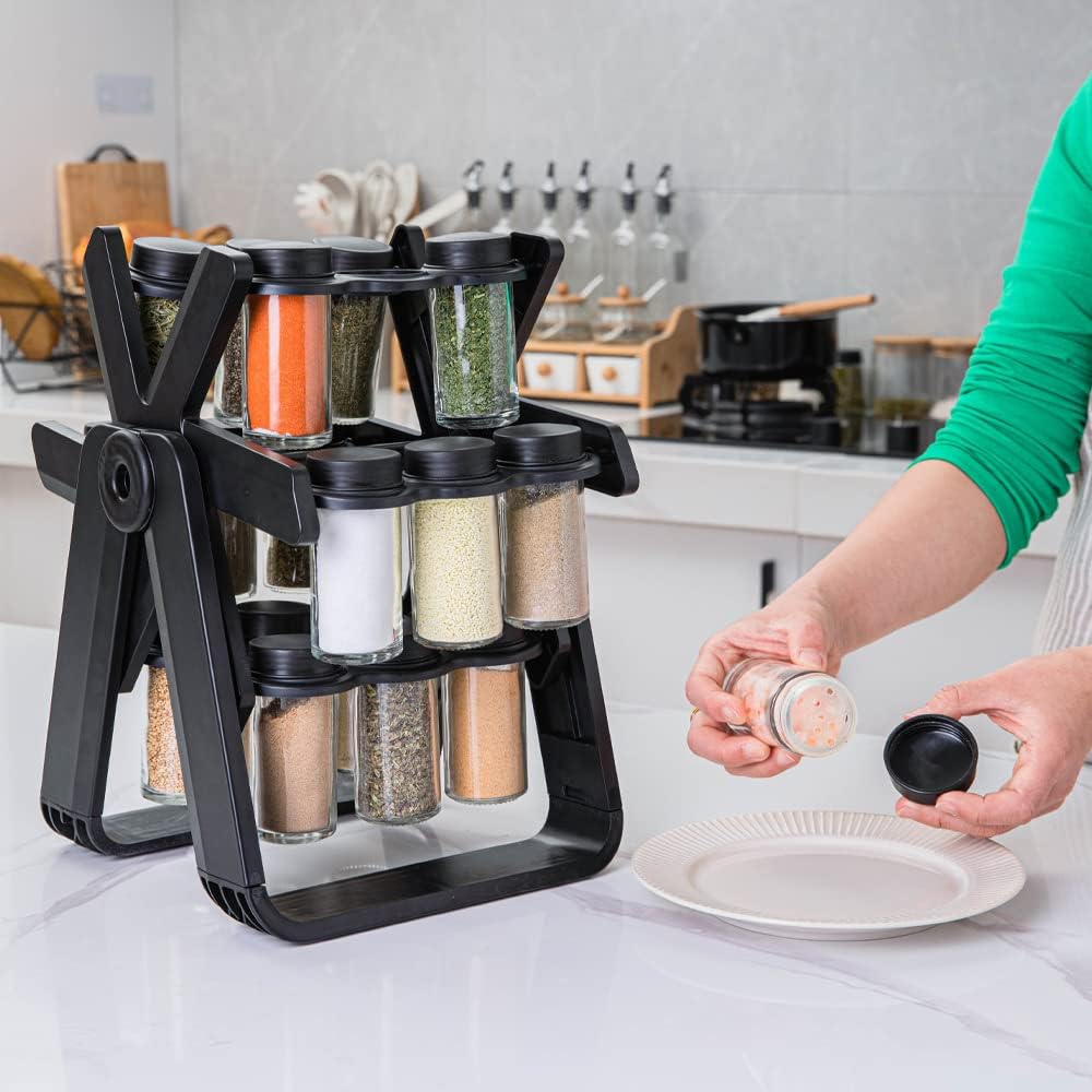 Revolving Rotating Spice Rack Set  With 18 Empty Spice Jars  Kitchen Storage Shelf