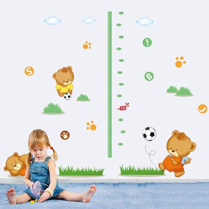 Cartoon Animals Wall Stickers Butterflies Flower Photo Frames Height Measurement Removable Wall Decals Home Decor Baby Boys Girls Kids Bedroom Kitchen Decoration (Bear Height Measurement)