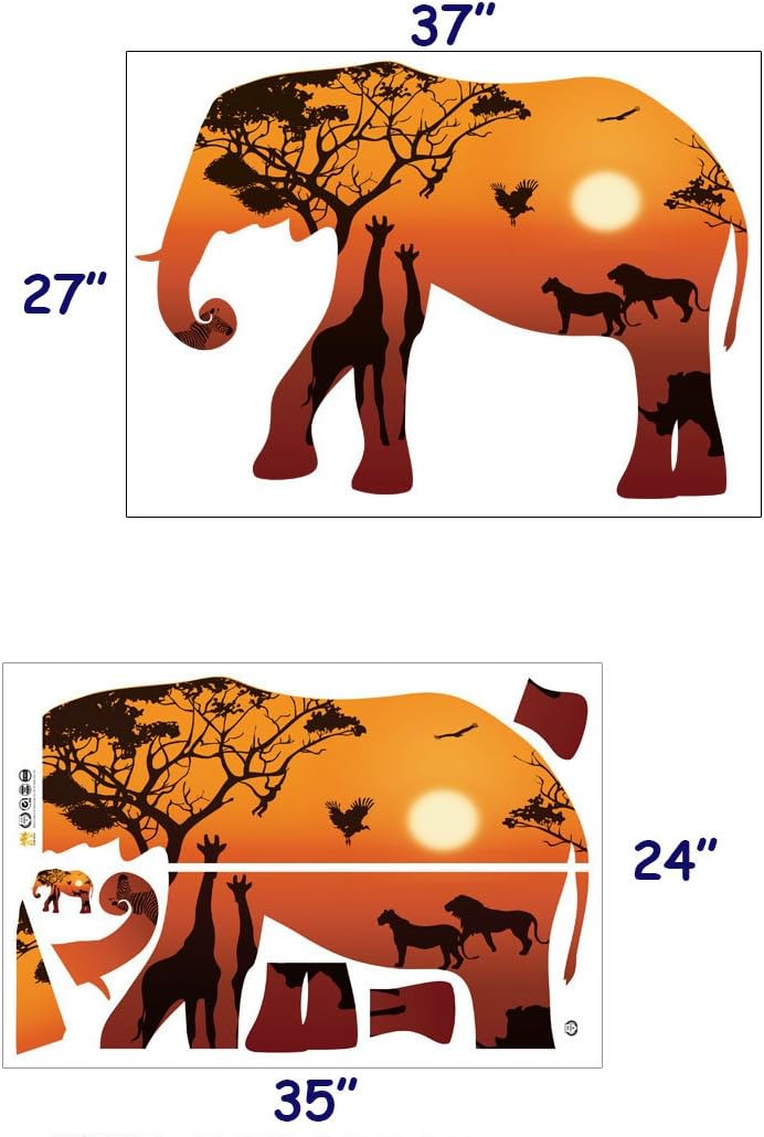 DNVEN 37 inches x 27 inches DIY Elephant Silhouette with Giraffe Lions Animals Wall Stickers Decals Decorations for Children Nursery Kids Room size 60x90 hm92002